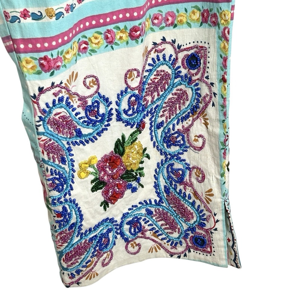 Ario Beaded Cropped Pants Large Boho Cottage Floral Art Patchwork Print Wide Leg - Picture 11 of 14